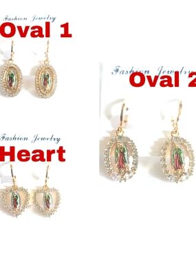 Gold Plated Oval Virgin Guadalupe Earrings with Green and Pink Accents